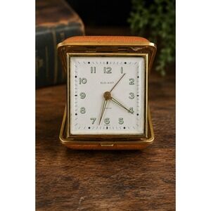 Vintage ELG-ART German Travel Alarm Clock Luminous Dial Jeweled Folding Case